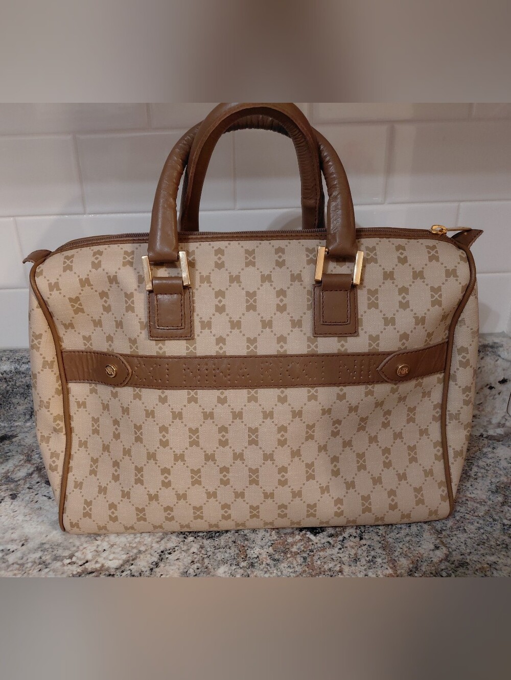 Vintage Nina Ricci Paris Beige and Brown Monogram Satchel